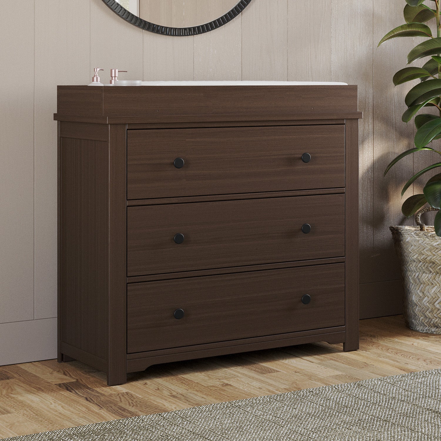 Harmony 3-Drawer Dresser with Changing Table Topper. Brushed Truffle